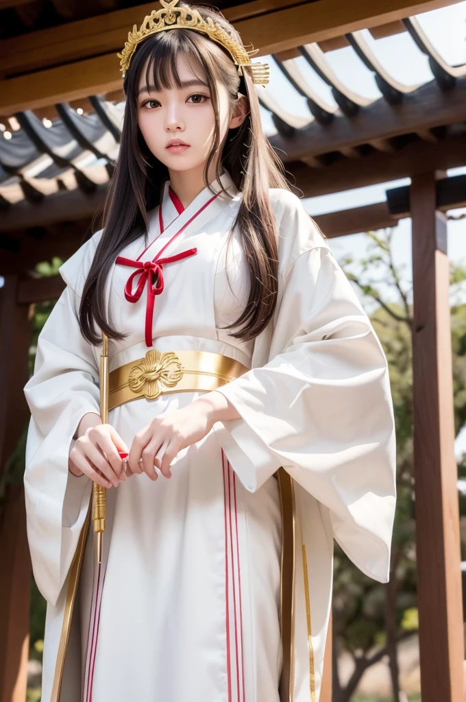 White hunting uniform, a shinto shrine maiden, one-piece, detailed face, detailed eyes, detailed lips, long straight brown hair, gold simple thin hair tiara,  red straight lines on white outfit, conservative outfit, holding silver scissors, standing in a shrine courtyard, upper body closeup, high quality, digital art, photorealistic, dramatic lighting, cinematic, masterpiece