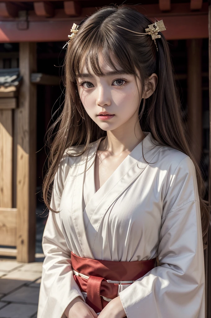 White Robe, Red line from shoulder to hip, a shinto shrine maiden, detailed face, detailed eyes, detailed lips, long straight brown hair, gold simple thin hair band, conservative outfit, holding silver scissors, standing in a shrine courtyard, upper body closeup, high quality, digital art, photorealistic, dramatic lighting, cinematic, masterpiece