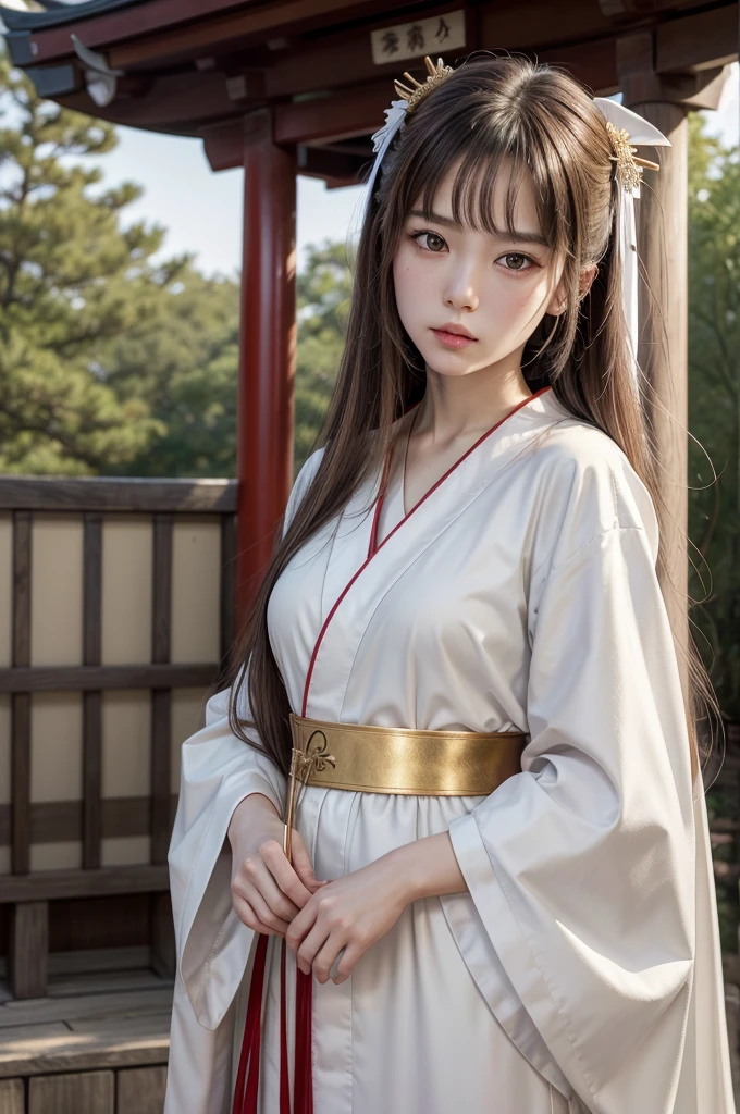 White Robe, Red line from shoulder to hip, a shinto shrine maiden, detailed face, detailed eyes, detailed lips, long straight brown hair, gold simple thin hair band, conservative outfit, holding silver scissors, standing in a shrine courtyard, upper body closeup, high quality, digital art, photorealistic, dramatic lighting, cinematic, masterpiece