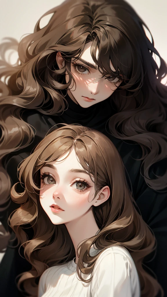 A couple, Beautiful,a beautiful Woman, black long and wavy hair, light brown eyes, with a man with white skin, dark brown hair, wavy hair, "Jelly Roll" style, beautiful, deep black eyes,