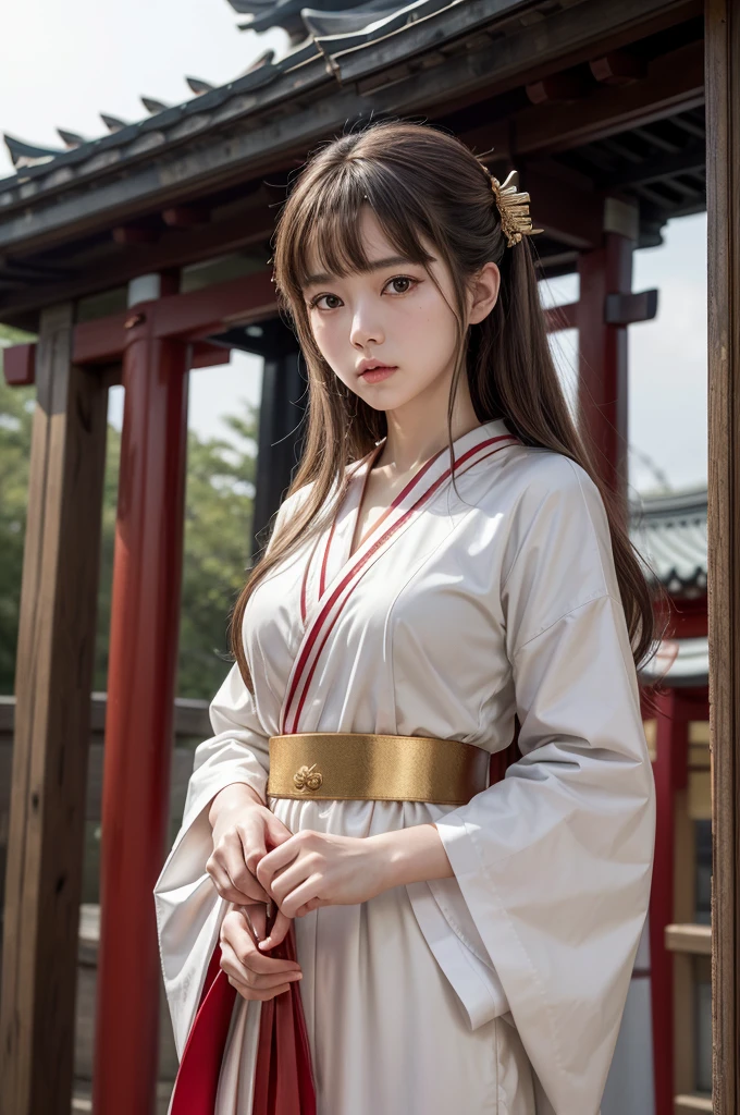 White Robe, Red line from shoulder to hip, a shinto shrine maiden, detailed face, detailed eyes, detailed lips, long straight brown hair, gold simple thin hair band, conservative outfit, holding silver scissors, standing in a shrine courtyard, upper body closeup, high quality, digital art, photorealistic, dramatic lighting, cinematic, masterpiece