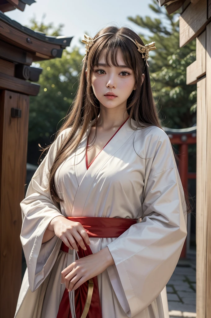 White Robe, Red line from shoulder to hip, a shinto shrine maiden, detailed face, detailed eyes, detailed lips, long straight brown hair, gold simple thin hair band, conservative outfit, holding silver scissors, standing in a shrine courtyard, upper body closeup, high quality, digital art, photorealistic, dramatic lighting, cinematic, masterpiece