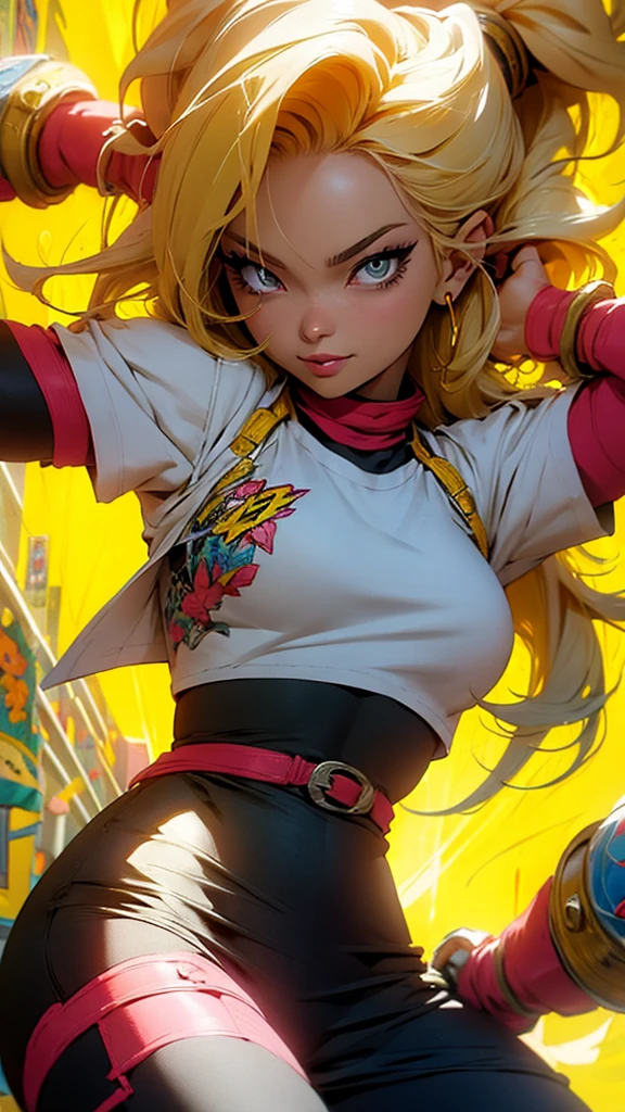 Anime style illustration of a female character with yellow hair., smiling on a yellow background. The artwork features bright colors., Intricate details and sharp focus with high resolution and high level of detail. It has a perfect composition in anime art style with Japanese manga art style.. The rendering is of the best quality in the style of Akira Toriyama and Nyo.. --AR 21:32