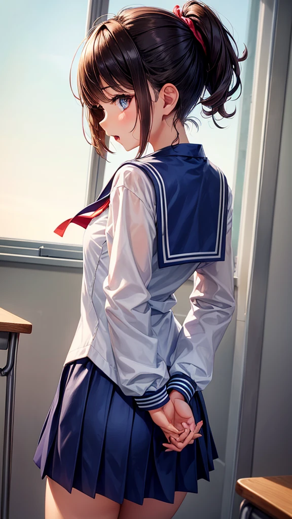 One girl, Shortcuts,Open your mouth a little, Back view, classroom, Sailor suit, Touch your pocket