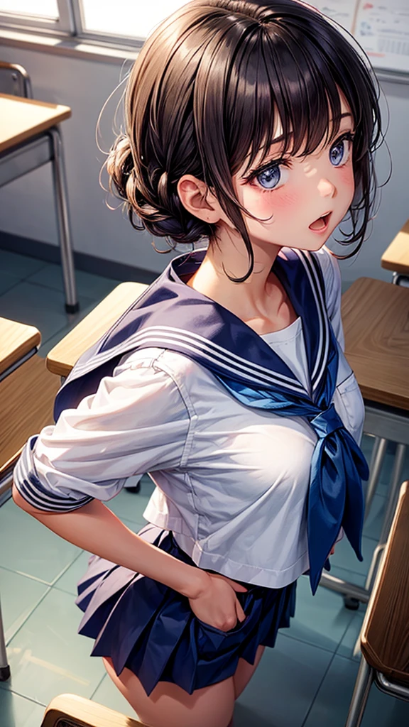 One girl, Shortcuts,Open your mouth a little, Back view, classroom, Sailor suit, Touch your pocket