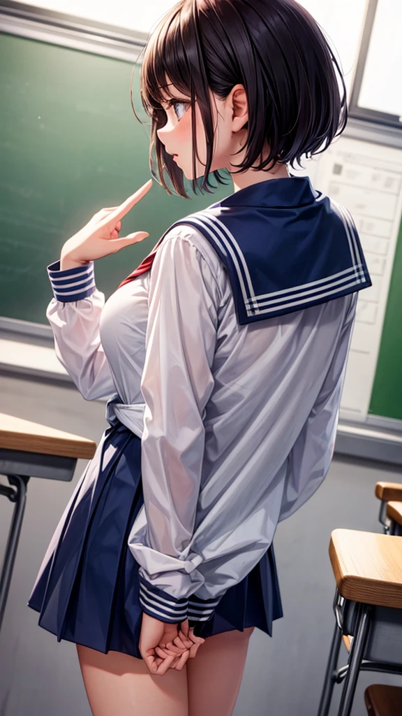 One girl, Shortcuts,Open your mouth a little, Back view, classroom, Sailor suit, Touch your pocket