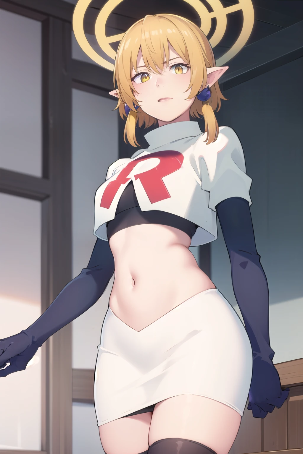 (Masterpiece), (realistic skin texture), extremely detailed, best quality, woman, short hair, blonde hair, yellow eyes, long twintails, pointy ears, halo, gold and purple earrings, team rocket,team rocket uniform,white skirt,red letter R,crop top,black thigh-highs,black elbow gloves