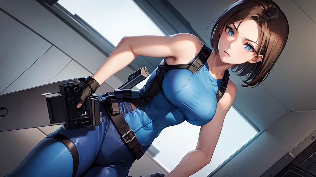 Jill Valentine, masterpiece, Best Quality, 1 girl, Alone, standing, jillre1, killed, uniform, shoulder pads, short sleeves, leverage, belt, blue flared pants(Wide flared pants:1.2), Black combat boots, Whole body, perfect blue eyes, perfect red mouth, GUN IN HAND, destroyed city background