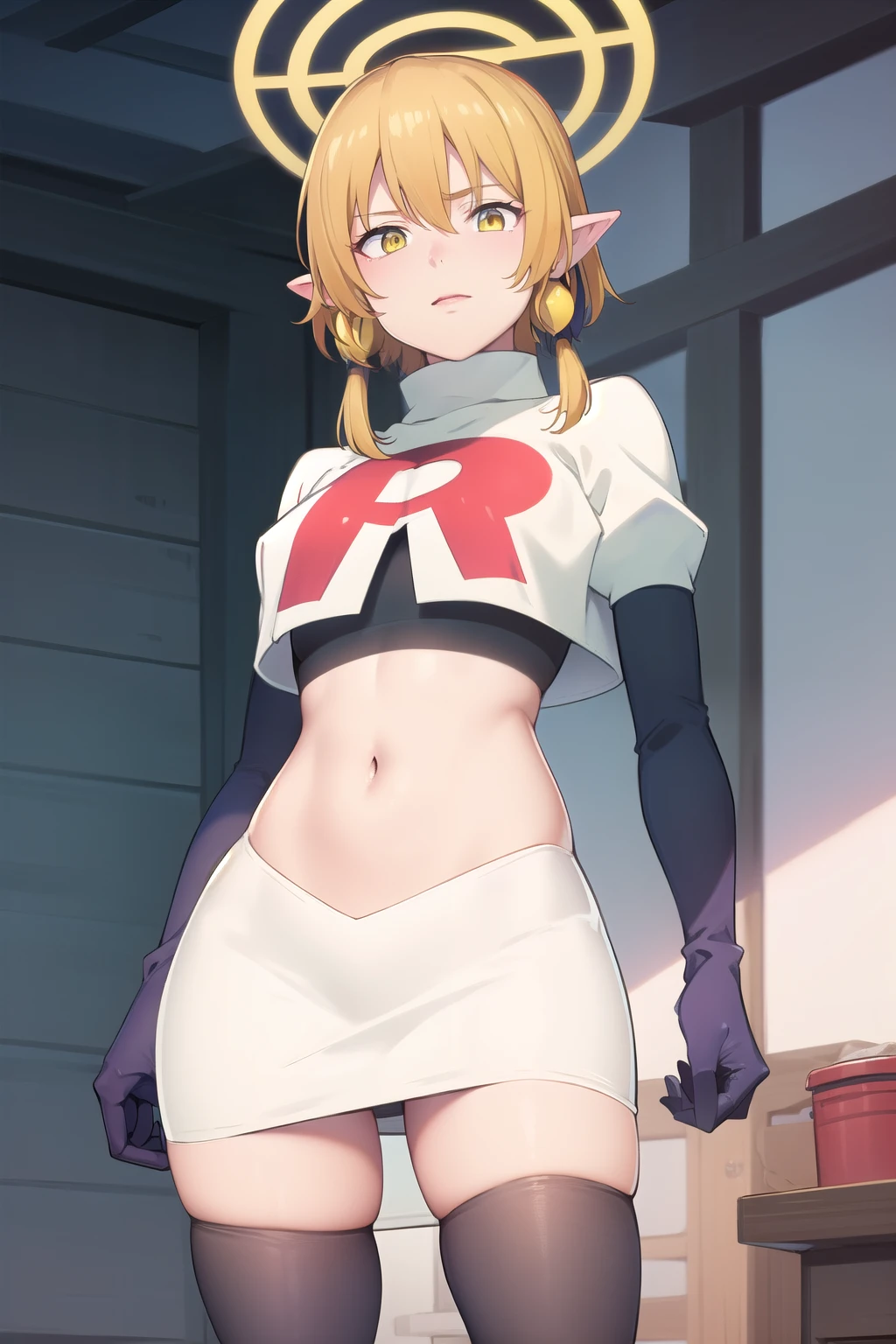 (Masterpiece), (realistic skin texture), extremely detailed, best quality, woman, short hair, blonde hair, yellow eyes, long twintails, pointy ears, halo, gold and purple earrings, team rocket,team rocket uniform,white skirt,red letter R,crop top,black thigh-highs,black elbow gloves