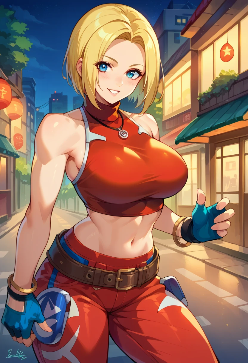 score_9, score_8_up, score_7_up, 1girl, solo, BlueMary, short hair, blue eyes,pants, crop top, turtleneck, belt, large breasts, fingerless gloves, necklace, standing, smiling, blushing, looking at you, night, street, illimunated city,
