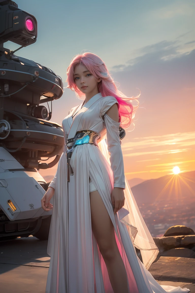 ((Masterpiece, best quality, very detailed), Volumetric light, surrounding occlusion, colorful, glow), Age 10, 1 girl, alone, young girl, (Japanese woman), (pink hair), long hair, radius, Aura, cybersuits, (white dress:1.3), robot, Bot,, outdoor, sunset, sky, cloud, space, (cyberpunk theme:1.2), shiny body It has a hard shell covering it., ข้อต่อแบบrobot, หูแมวแบบrobot, ชุดเกราะแบบrobot,glowสีชมพู