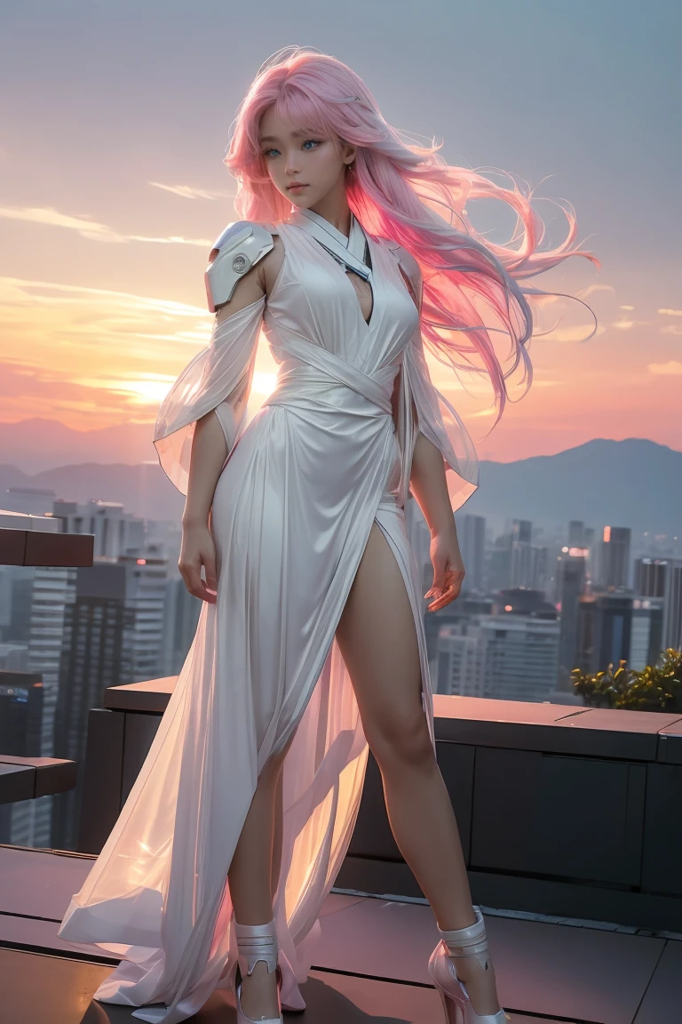 ((Masterpiece, best quality, very detailed), Volumetric light, surrounding occlusion, colorful, glow), Age 10, 1 girl, alone, young girl, (Japanese woman), (pink hair), long hair, radius, Aura, cybersuits, (white dress:1.3), robot, Bot,, outdoor, sunset, sky, cloud, space, (cyberpunk theme:1.2), shiny body It has a hard shell covering it., ข้อต่อแบบrobot, หูแมวแบบrobot, ชุดเกราะแบบrobot,glowสีชมพู