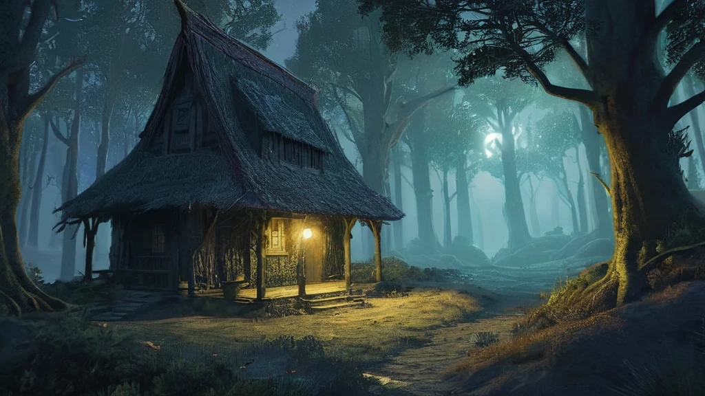 In the heart of a dark medieval forest, a small, isolated cottage sits shrouded in the eerie glow of the moonlight. The cottage, with its thatched roof and weathered wooden walls, seems almost to blend into the surrounding darkness. Flickering light from a single candle in the window casts long, wavering shadows that dance across the forest floor. The air is thick with the scent of pine and damp earth, and the distant hoot of an owl breaks the oppressive silence. The surrounding trees, ancient and gnarled, stand like silent sentinels, their twisted branches forming an almost impenetrable canopy overhead. As night deepens, the forest feels alive with hidden secrets and untold stories, leaving the cottage as a solitary beacon in the engulfing darkness.