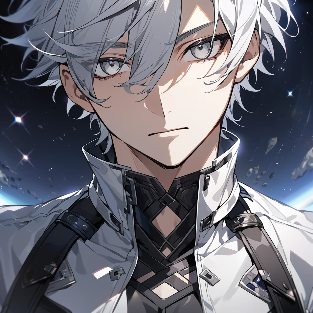 High quality, HD, 4k, no shadows, handsome male, 1male, 17 years old, teenager, short white hair, sharp eyes, grey colored eyes, deep grey eyes, grey eyes, devil may cry, close up, calm expression, stoic expression, black leather clothes, white leather clothing, lean body, well trained body, upper body, looking at viewer, cowboy shot, white solar, space background