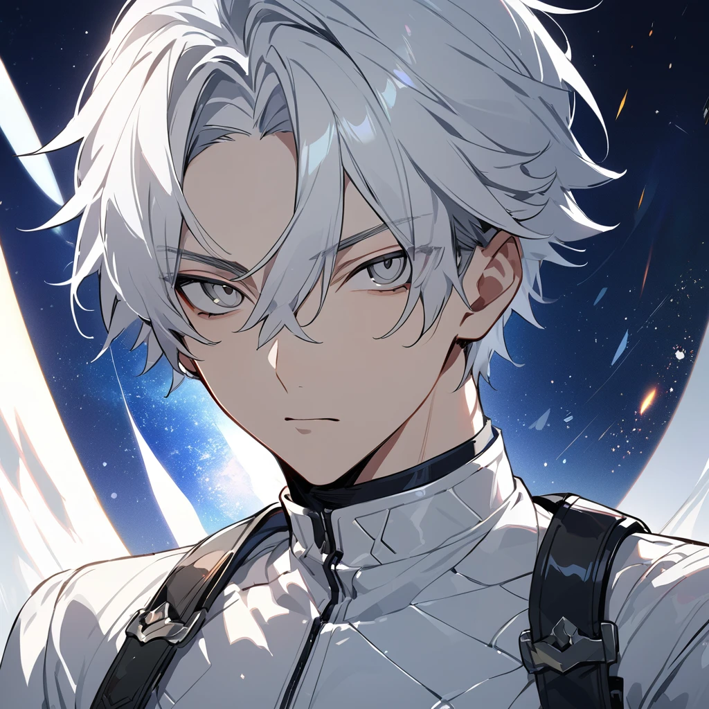 High quality, HD, 4k, no shadows, handsome male, 1male, 17 years old, teenager, short white hair, sharp eyes, grey colored eyes, deep grey eyes, grey eyes, devil may cry, close up, calm expression, stoic expression, black leather clothes, white leather clothing, lean body, well trained body, upper body, looking at viewer, cowboy shot, white solar, space background