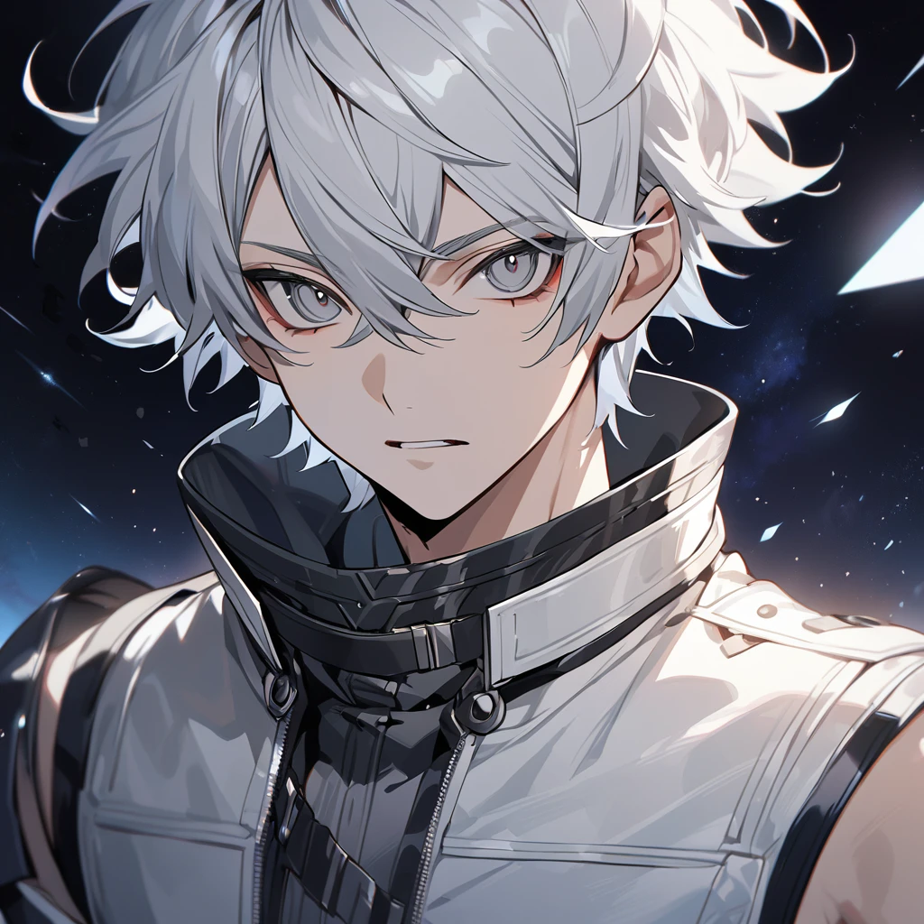High quality, HD, 4k, no shadows, handsome male, 1male, , teenager, shwhite hair, sharp eyes, grey colored eyes, deep grey eyes, grey eyes, devil may cry, close up, calm expression, stoic expression, black leather clothes, white leather clothing, lean body, well trained body, upper body, looking at viewer, cowboy shot, white solar, space background