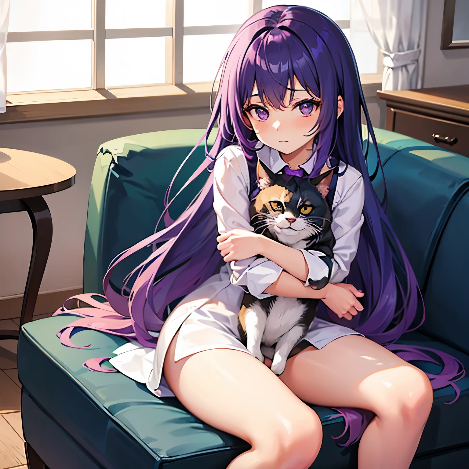 a cute girl with purple hair sitting while holding a cat with transparent background