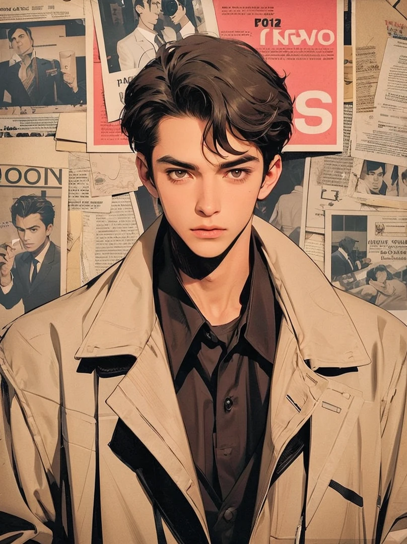 Handsome boy, black hair, brown eyes, wearing dirty white detective suit, black polo