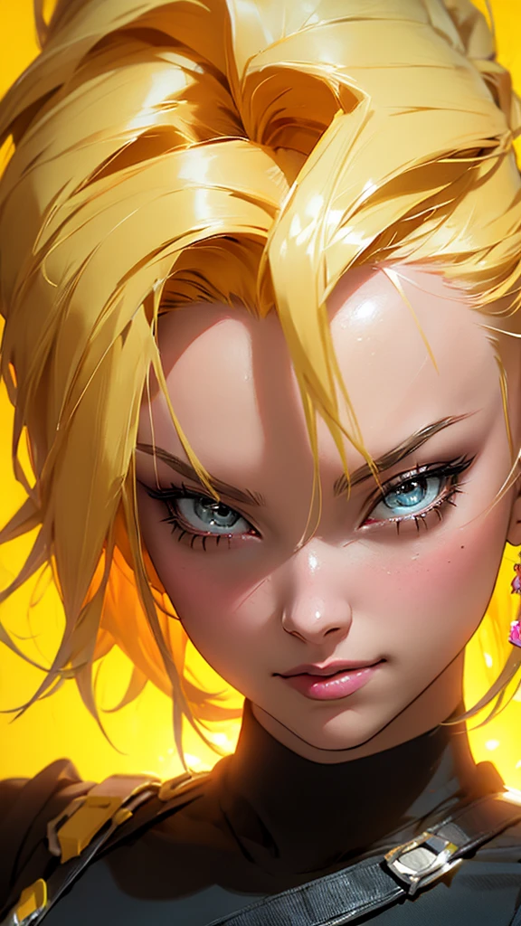 Anime style illustration of a female character with yellow hair., smiling on a yellow background. The artwork features bright colors., Intricate details and sharp focus with high resolution and high level of detail. It has a perfect composition in anime art style with Japanese manga art style.. The rendering is of the best quality in the style of Akira Toriyama and Nyo.. --AR 21:32