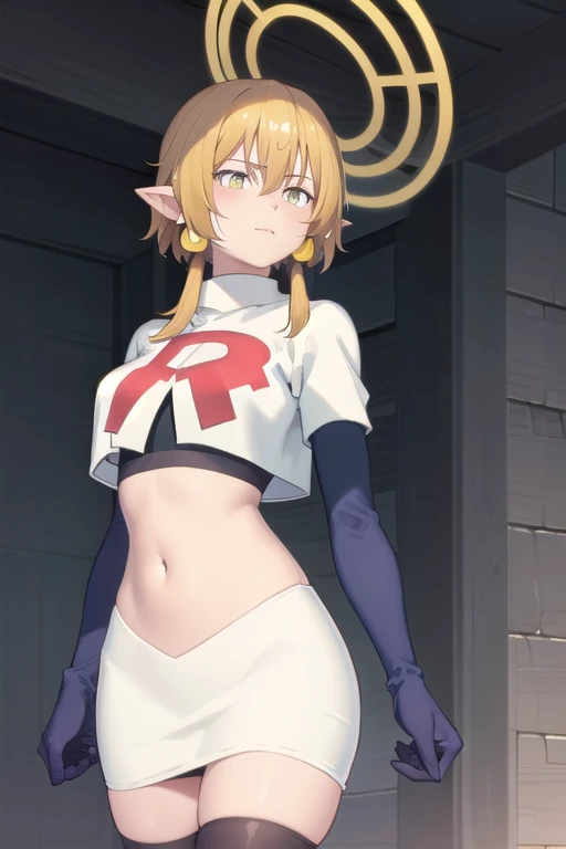 (Masterpiece), (realistic skin texture), extremely detailed, best quality, woman, short hair, blonde hair, yellow eyes, long twintails, pointy ears, halo, gold and purple earrings, team rocket,team rocket uniform,white skirt,red letter R,crop top,black thigh-highs,black elbow gloves