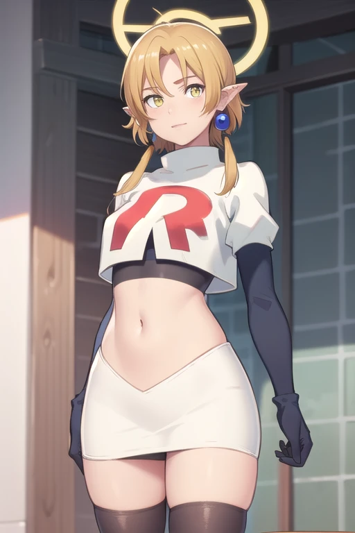 (Masterpiece), (realistic skin texture), extremely detailed, best quality, woman, short hair, blonde hair, yellow eyes, long twintails, pointy ears, halo, gold and purple earrings, team rocket,team rocket uniform,white skirt,red letter R,crop top,black thigh-highs,black elbow gloves