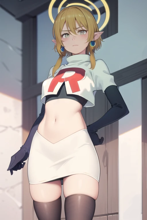 (Masterpiece), (realistic skin texture), extremely detailed, best quality, woman, short hair, blonde hair, yellow eyes, long twintails, pointy ears, halo, gold and purple earrings, team rocket,team rocket uniform,white skirt,red letter R,crop top,black thigh-highs,black elbow gloves