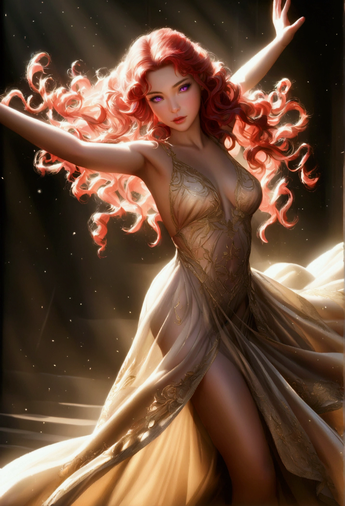 detailed portrait of a young woman with fiery red curly hair, large violet eyes, almond skin, performing a ritual dance, sheer golden silk gown with intricate embroidery, no underwear, 8k, photorealistic, cinematic lighting, chiaroscuro, dramatic shadows, magical, mystical, ethereal