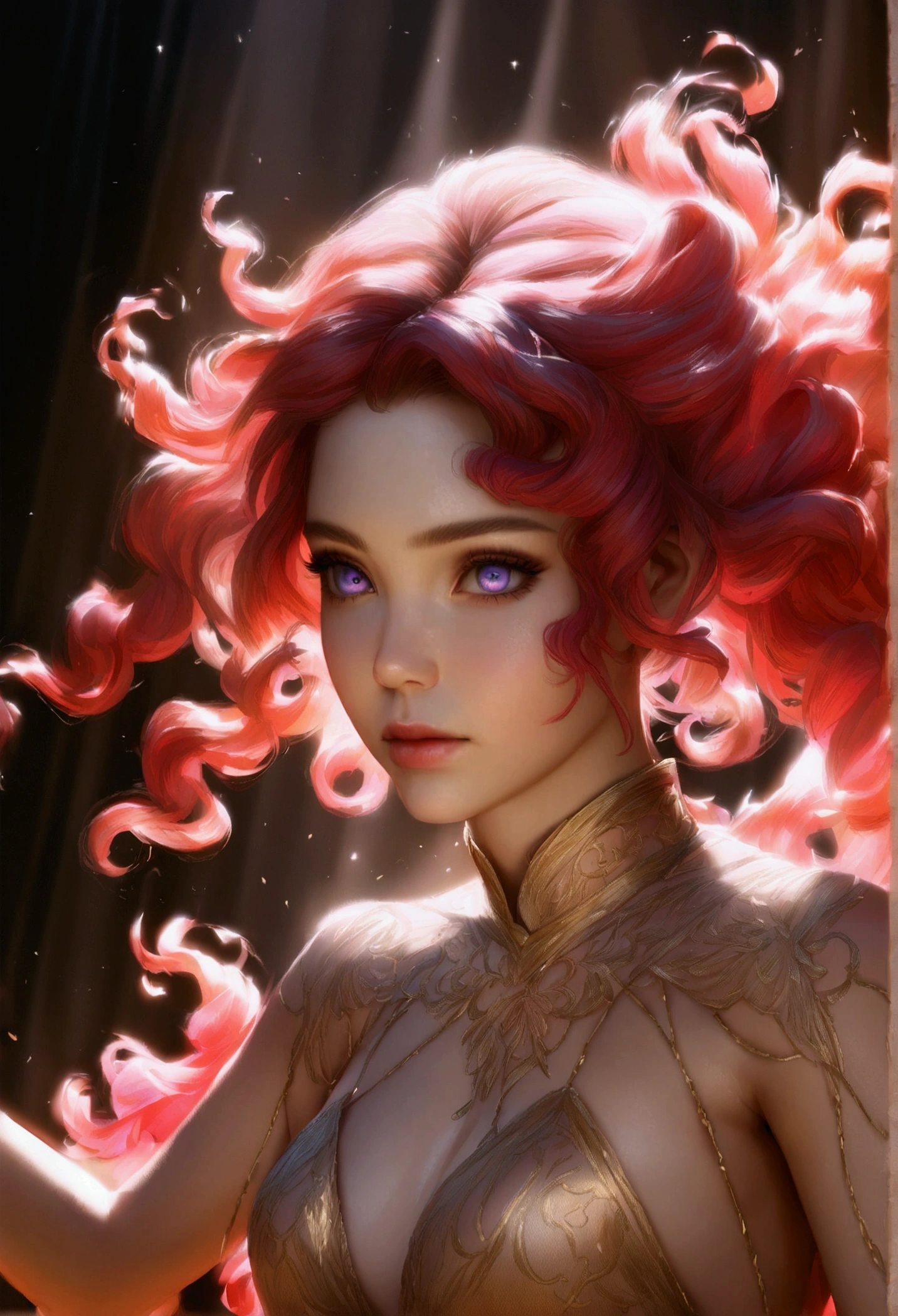 detailed portrait of a young woman with fiery red curly hair, large violet eyes, almond skin, performing a ritual dance, sheer golden silk gown with intricate embroidery, no underwear, 8k, photorealistic, cinematic lighting, chiaroscuro, dramatic shadows, magical, mystical, ethereal