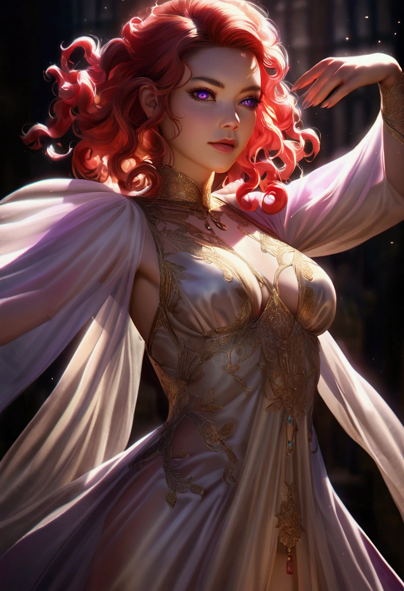 detailed portrait of a young woman with fiery red curly hair, large violet eyes, almond skin, performing a ritual dance, sheer golden silk gown with intricate embroidery, no underwear, 8k, photorealistic, cinematic lighting, chiaroscuro, dramatic shadows, magical, mystical, ethereal