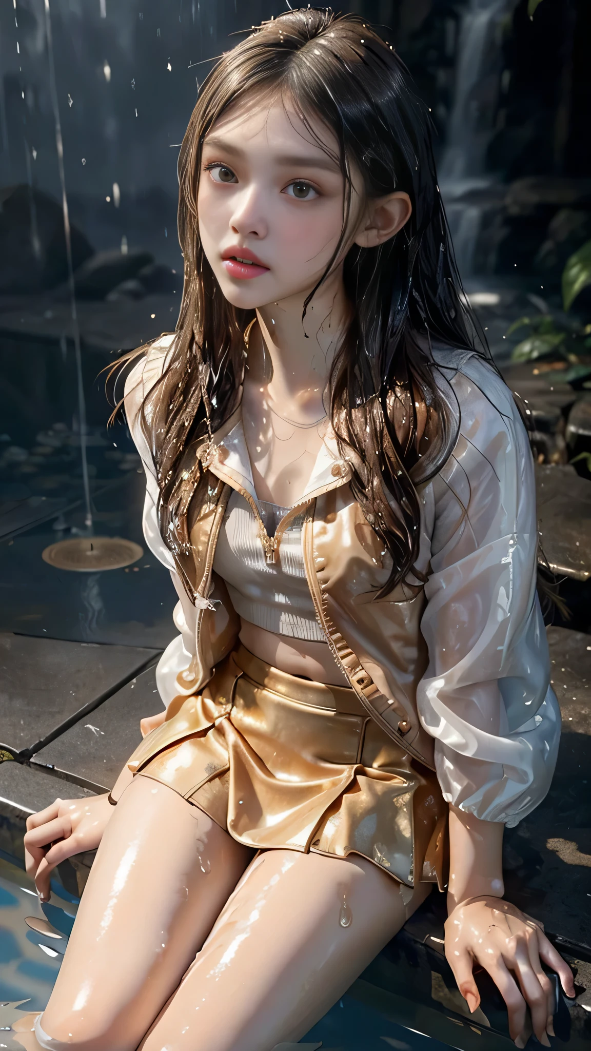 8k, masterpiece, 1 girl, beautiful face, ((very long hair)), glossy makeup, closed mouth, (glossy skin:1.5), detailed eyes, detailed lips, small bust, golden short jacket, wet white vest, ((golden mini skirt)), ((under pants)), ((bare thigh)), straps clothing, (water falling:1.5), steam effect, water vapor, adult pose, sitting, waterfall,