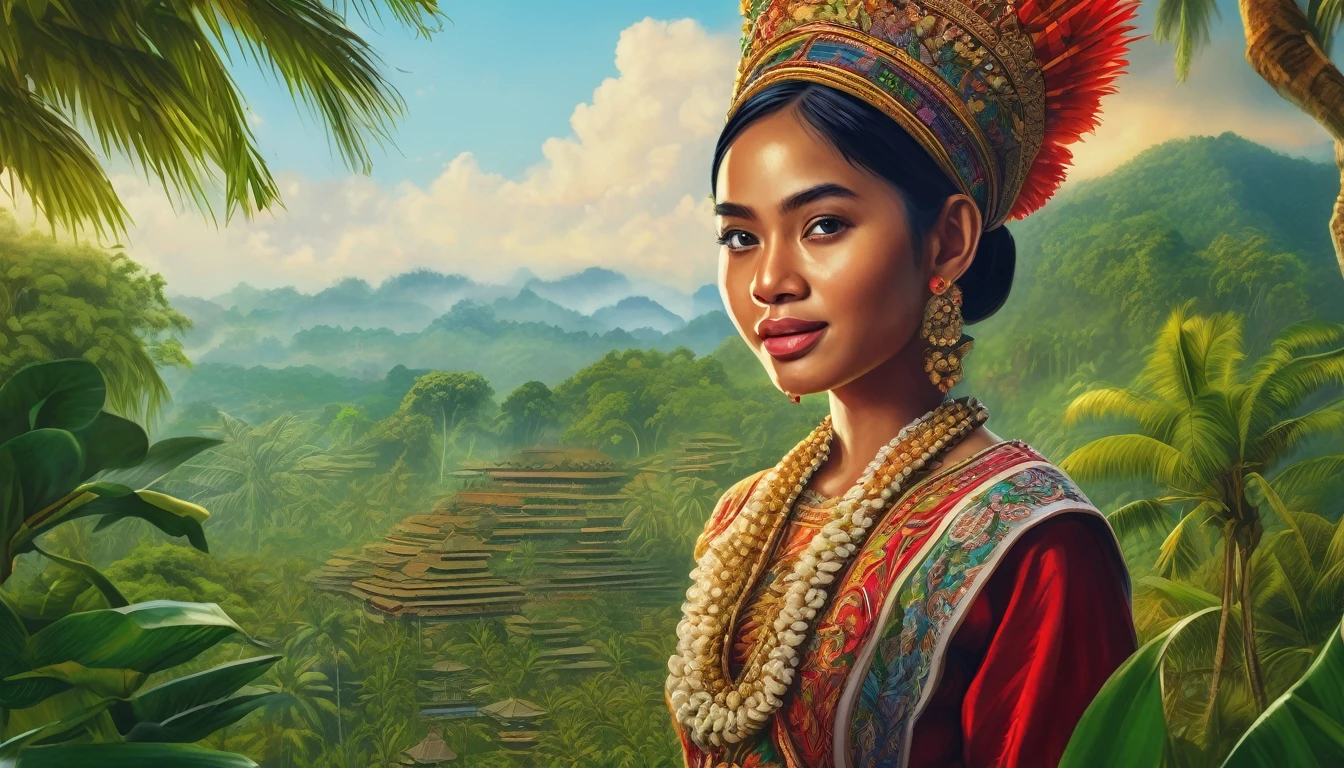a detailed painting of the background of Indonesian independence, 1 girl in traditional Indonesian dress, standing in a lush tropical garden, emotional facial expression, (best quality,4k,8k,highres,masterpiece:1.2),ultra-detailed,(realistic, photorealistic,photo-realistic:1.37),intricate details,vibrant colors,dramatic lighting,stunning scenery,historical accuracy,cultural authenticity