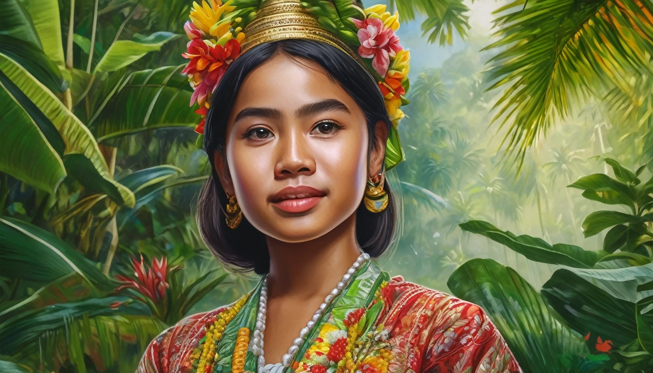 a detailed painting of the background of Indonesian independence, 1 girl in traditional Indonesian dress, standing in a lush tropical garden, emotional facial expression, (best quality,4k,8k,highres,masterpiece:1.2),ultra-detailed,(realistic, photorealistic,photo-realistic:1.37),intricate details,vibrant colors,dramatic lighting,stunning scenery,historical accuracy,cultural authenticity
