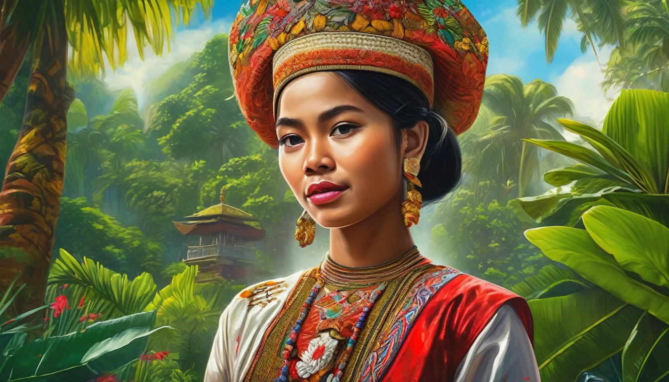 a detailed painting of the background of Indonesian independence, 1 girl in traditional Indonesian dress, standing in a lush tropical garden, emotional facial expression, (best quality,4k,8k,highres,masterpiece:1.2),ultra-detailed,(realistic, photorealistic,photo-realistic:1.37),intricate details,vibrant colors,dramatic lighting,stunning scenery,historical accuracy,cultural authenticity