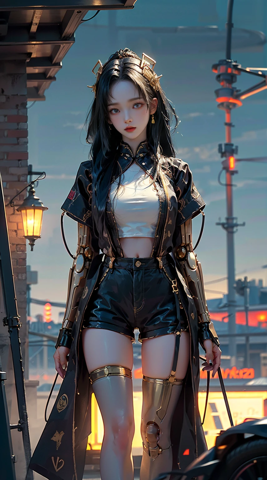 masterpiece, best quality, high resolution, 1 woman , from below, (매우 얇고 straight legs), (very long legs，straight legs), high heel, Long legs seen from the front, perfect body, with perfect legs,  cyberpunk figures，Exquisite eyes，brown eyes，eye shadow，to put on make up，blonde hair， detailed face， detailed eyes， looking at viewer， blusher\（to put on make up\）， plump lips， red lip，（long gray hair：1.3）， （stand on all fours）Mechanically static，Summon Mech，(headdress:1.1)，headgear，((((short gold jacket，ultra shorts))))，(black lace stockings，stocking suspenders)，city，Luminous winding，With a gun in my hand，weapon，Cyberpunk Lighting:1.1)，neon lights，Completely mechanical and futuristic elements，technology，The background is downtown New York，distance， sky sky， cyberpunk figures， lantern， Neon Super Resolution，（realism：1.3），1（slim：1.2），dramatic lighting，vivid details，classy cyberpunk，complex background，Rendering with high octane，