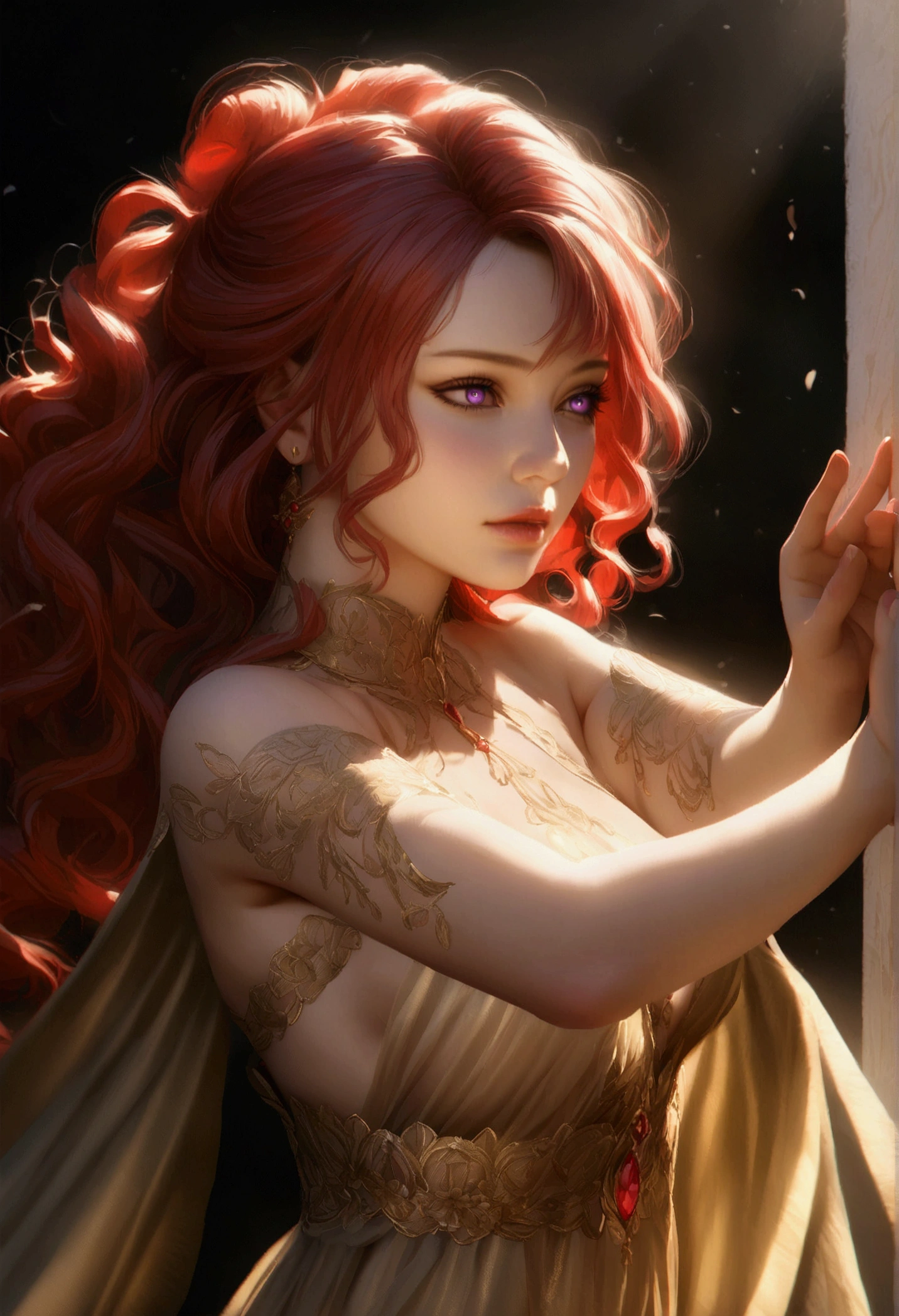 detailed portrait of a young woman with fiery red curly hair, large violet eyes, almond skin, performing a ritual dance, sheer golden silk gown with intricate embroidery, no underwear, 8k, photorealistic, cinematic lighting, chiaroscuro, dramatic shadows, magical, mystical, ethereal