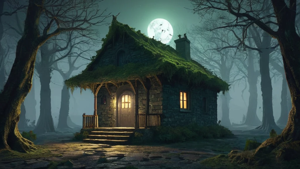 shrouded in impenetrable darkness, stands a small, stone cottage. Its weathered walls and moss-covered roof blend seamlessly with the surrounding trees, barely distinguishable against the black backdrop of the night. The cottage is devoid of light, its windows dark and uninviting, casting no glow to pierce the surrounding gloom. The air is still and heavy, the only sounds the distant rustling of leaves and the occasional hoot of an owl. The dense canopy overhead blocks any moonlight, leaving the scene shrouded in an eerie, all-encompassing darkness that seems to swallow the cottage whole.