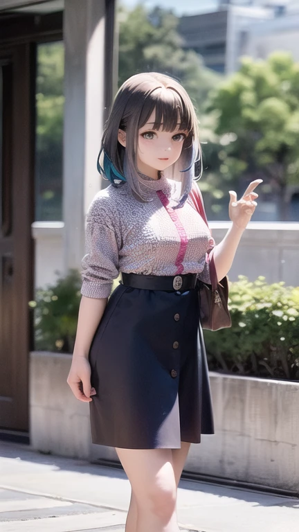 A girl around 13 years old, a little more mature, active and casually dressed, with medium-long light ash blue hair and beautiful jade-colored almond eyes, about 125cm tall, in the lobby of an outer space relay spaceport, there are a moderate number of people behind her, a check-in counter in the far right, a potted plant, a planet visible through the window to the left, she is holding a travel bag, standing to the right, facing left and looking out the window