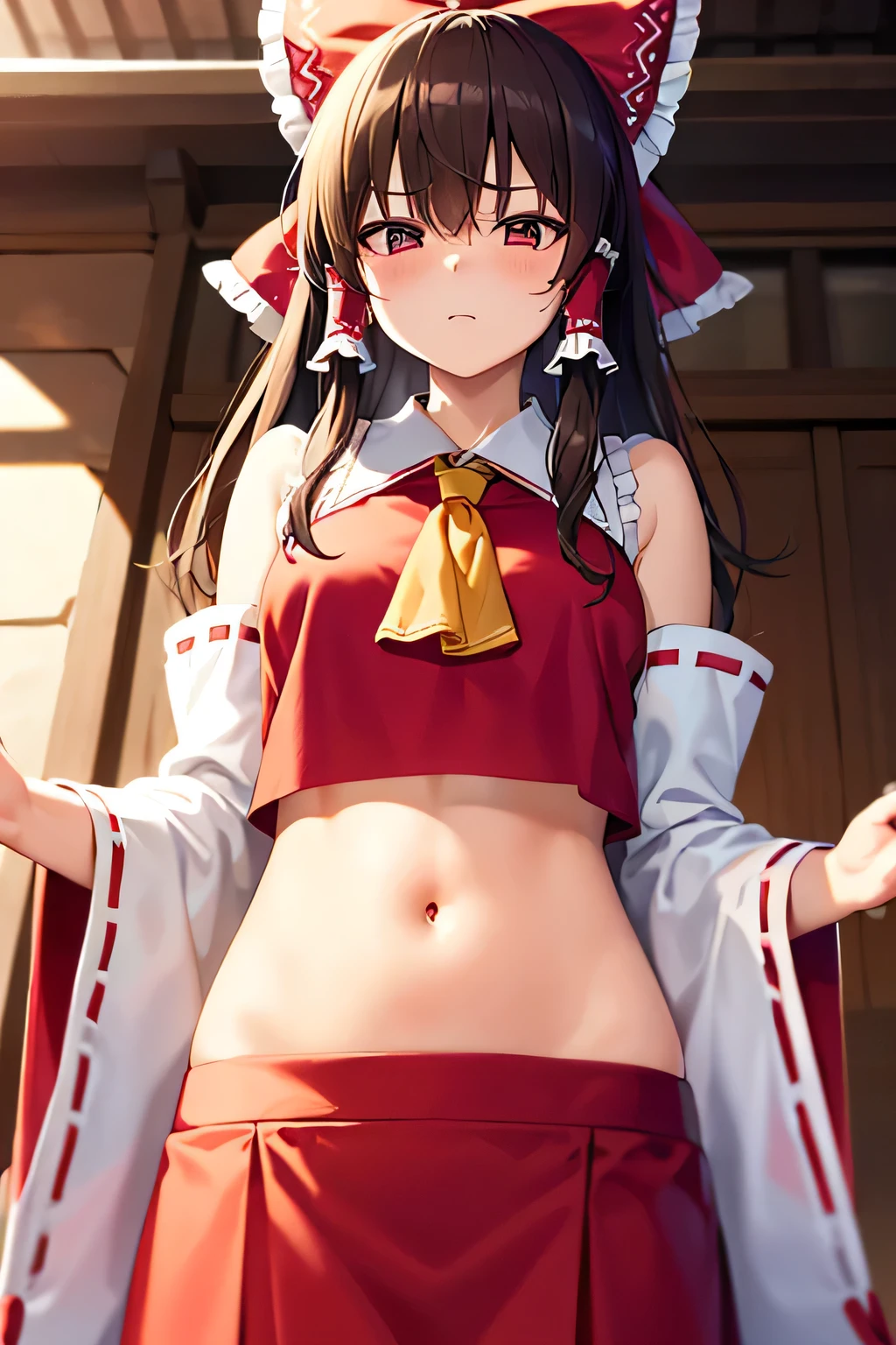 super fine illustration, vibrant colors, masterpiece, sharp focus, best quality, depth of field, cinematic lighting, ultra detailed, blush, belly button, navel, tummy, shrine maiden, hakurei reimu, 1girl, hair bow, ascot, hair tubes, detached sleeves, looking down, red shirt, red skirt, very long hair, dark brown hair, outdoors, mature woman, ,hakurei reimu, 1girl, hair bow, ascot, hair tubes, miko, detached sleeves, Reimu Hakurei, stomach, annoyed, catwalk (modeling), curly hair