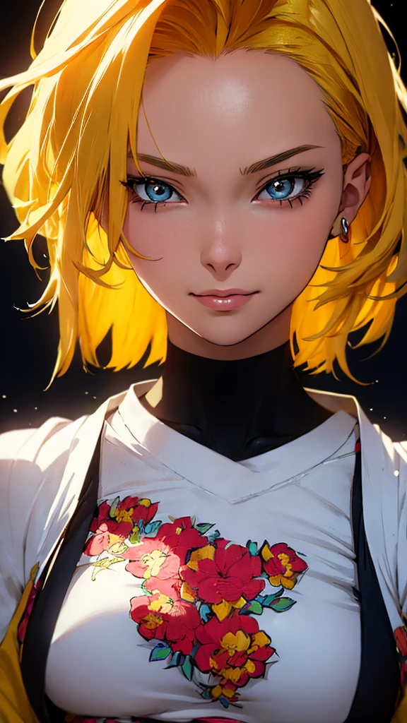 Anime style illustration of a female character with yellow hair., smiling on a yellow background. The artwork features bright colors., Intricate details and sharp focus with high resolution and high level of detail. It has a perfect composition in anime art style with Japanese manga art style.. The rendering is of the best quality in the style of Akira Toriyama and Nyo.. --AR 21:32