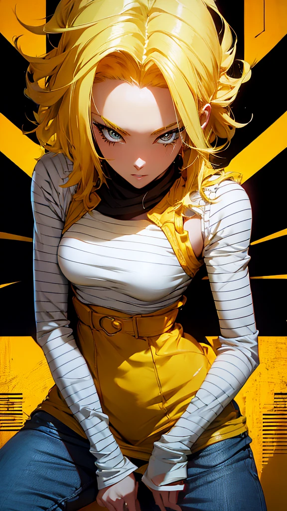 Anime style illustration of a female character with yellow hair., smiling on a yellow background. The artwork features bright colors., Intricate details and sharp focus with high resolution and high level of detail. It has a perfect composition in anime art style with Japanese manga art style.. The rendering is of the best quality in the style of Akira Toriyama and Nyo.. --AR 21:32