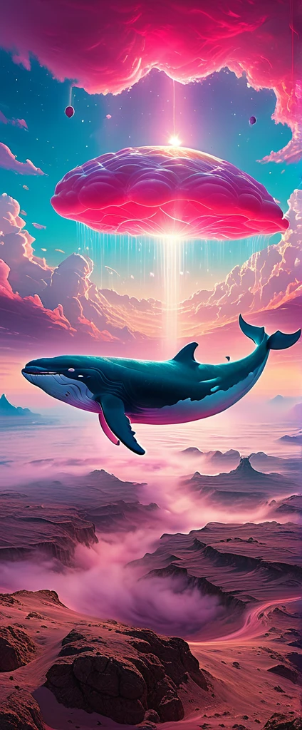 pink whale , a pink majestic whale floating above the clouds of the desert sky, (best quality,4k,8k,highres,masterpiece:1.2),ultra-detailed, ethereal, dreamlike, surreal, with a touch of magic, vibrant colors, soft and delicate, blending seamlessly into the clouds, with a serene and tranquil expression, surrounded by a mystical aura, glowing softly, reflecting the sunlight, creating a breathtaking scene.