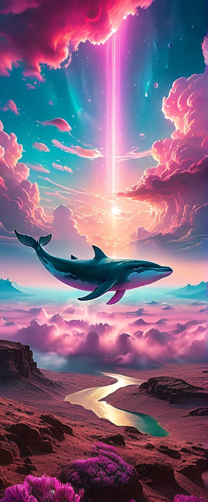 pink whale , a pink majestic whale floating above the clouds of the desert sky, (best quality,4k,8k,highres,masterpiece:1.2),ultra-detailed, ethereal, dreamlike, surreal, with a touch of magic, vibrant colors, soft and delicate, blending seamlessly into the clouds, with a serene and tranquil expression, surrounded by a mystical aura, glowing softly, reflecting the sunlight, creating a breathtaking scene.