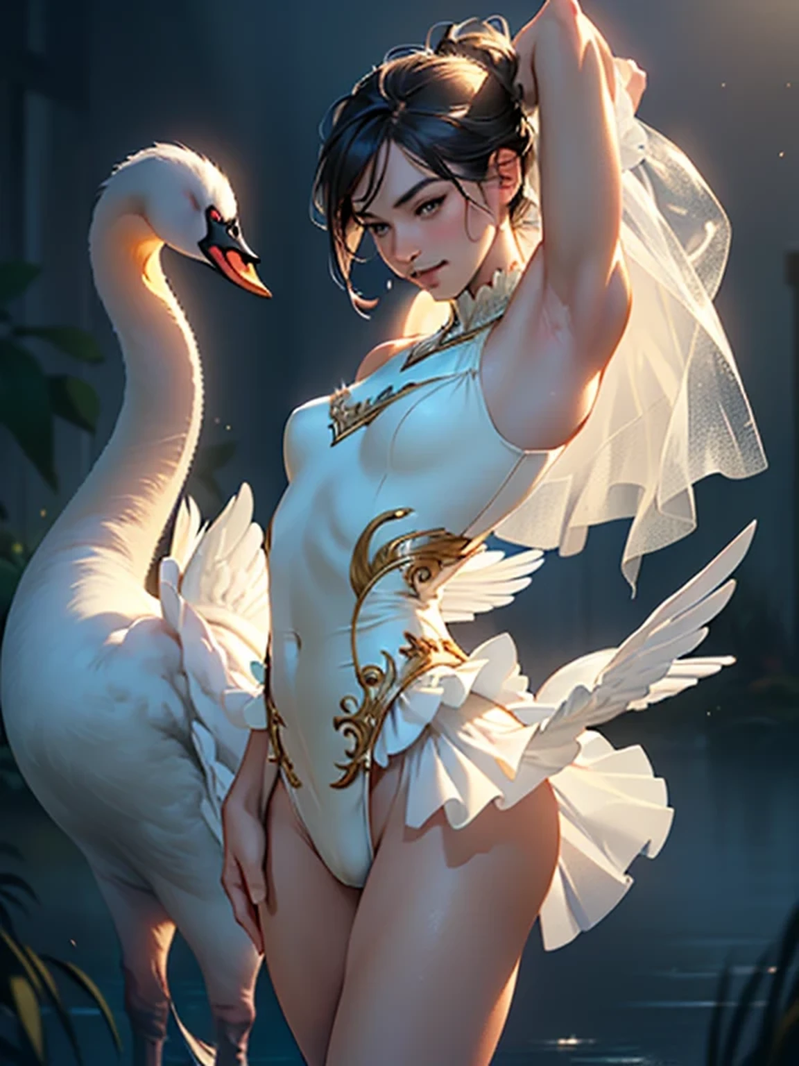 (A beautiful woman with a mustache:1.3), Ballerina, Ballerina is dancing, (((A tutu with a swan-shaped crotch, She is wearing a tutu with a swan-shaped crotch, A tutu is three-dimensional swan on the crotch:1.4, swan is peeking out from between her crotch))), Wearing pointe shoes, Lean back, Ecstatic expression, (slender body:1.15), Standing on tiptoes, Relevé, plié, Pointe, Modern Ballet, Like a Anna Pavlova, Perfect Face, Stunningly beautiful, Highly detailed CG, Super detailed, natural soft lighting, HDR, Realistic Skin, Dancing gracefully, 8K resolution, High resolution, (Photorealistic, High resolution:1.4), Raw photo, (Realistic, Photorealsitic:1.37), Beautiful girl of the highest grade, 