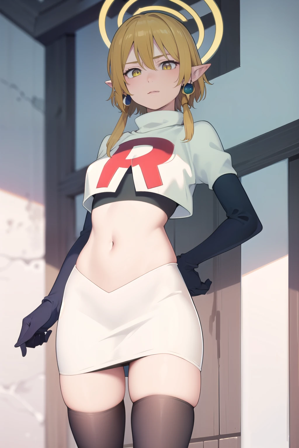 (Masterpiece), (realistic skin texture), extremely detailed, best quality, woman, short hair, blonde hair, yellow eyes, long twintails, pointy ears, halo, gold and purple earrings, team rocket,team rocket uniform,white skirt,red letter R,crop top,black thigh-highs,black elbow gloves