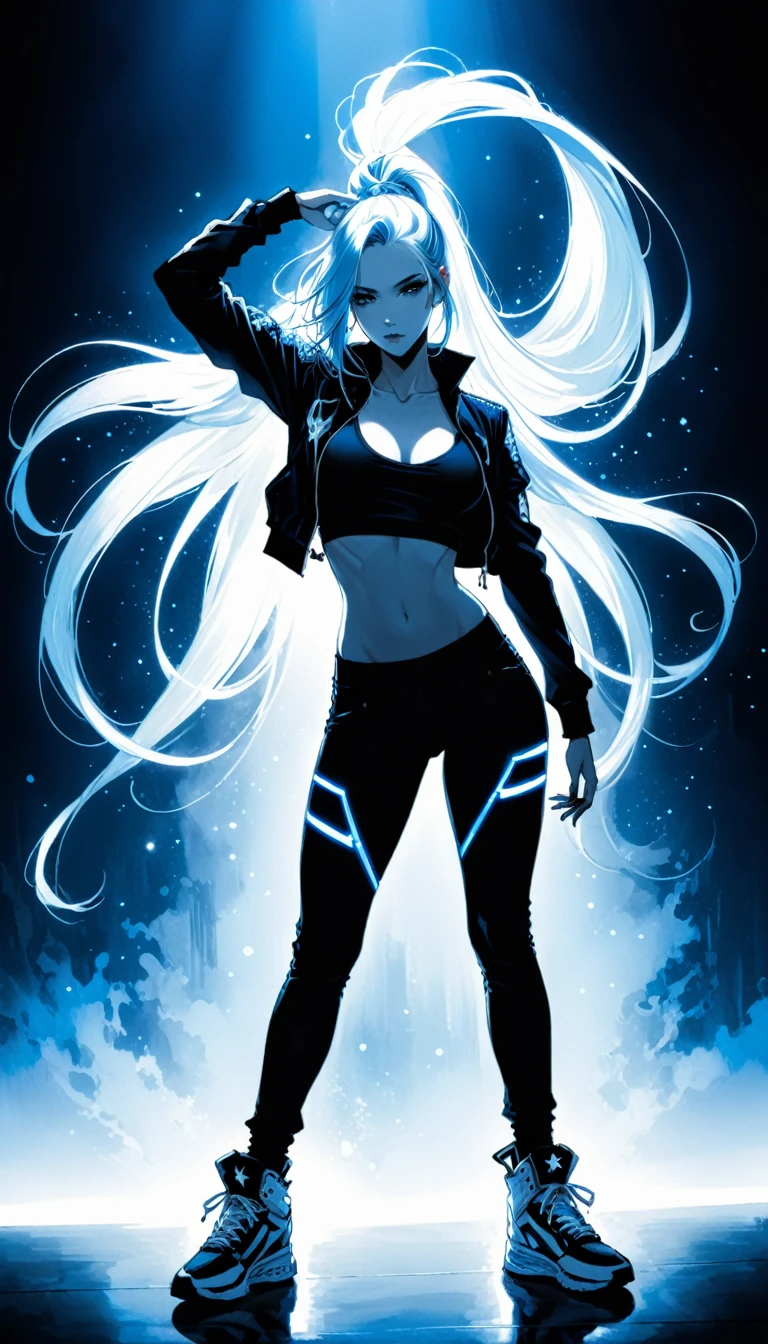 (Harry Clarke style:0.4),Santiago Caruso style,Mike Azevedo style,One girl,Sexy hip hop style clothing,Dynamic pose,Hip hop pose,Super star,High Ponytail,Incredibly long hair,Dark blue to light blue,Self-luminous,Dominant high contrast proposal