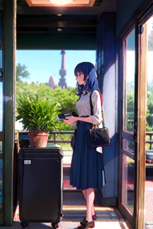 A girl around 13 years old, a little more mature, active and casually dressed, with medium-long light ash blue hair and beautiful jade-colored almond eyes, about 125cm tall, in the lobby of an outer space relay spaceport, there are a moderate number of people behind her, a check-in counter in the far right, a potted plant, a planet visible through the window to the left, she is holding a travel bag, standing to the right, facing left and looking out the window
