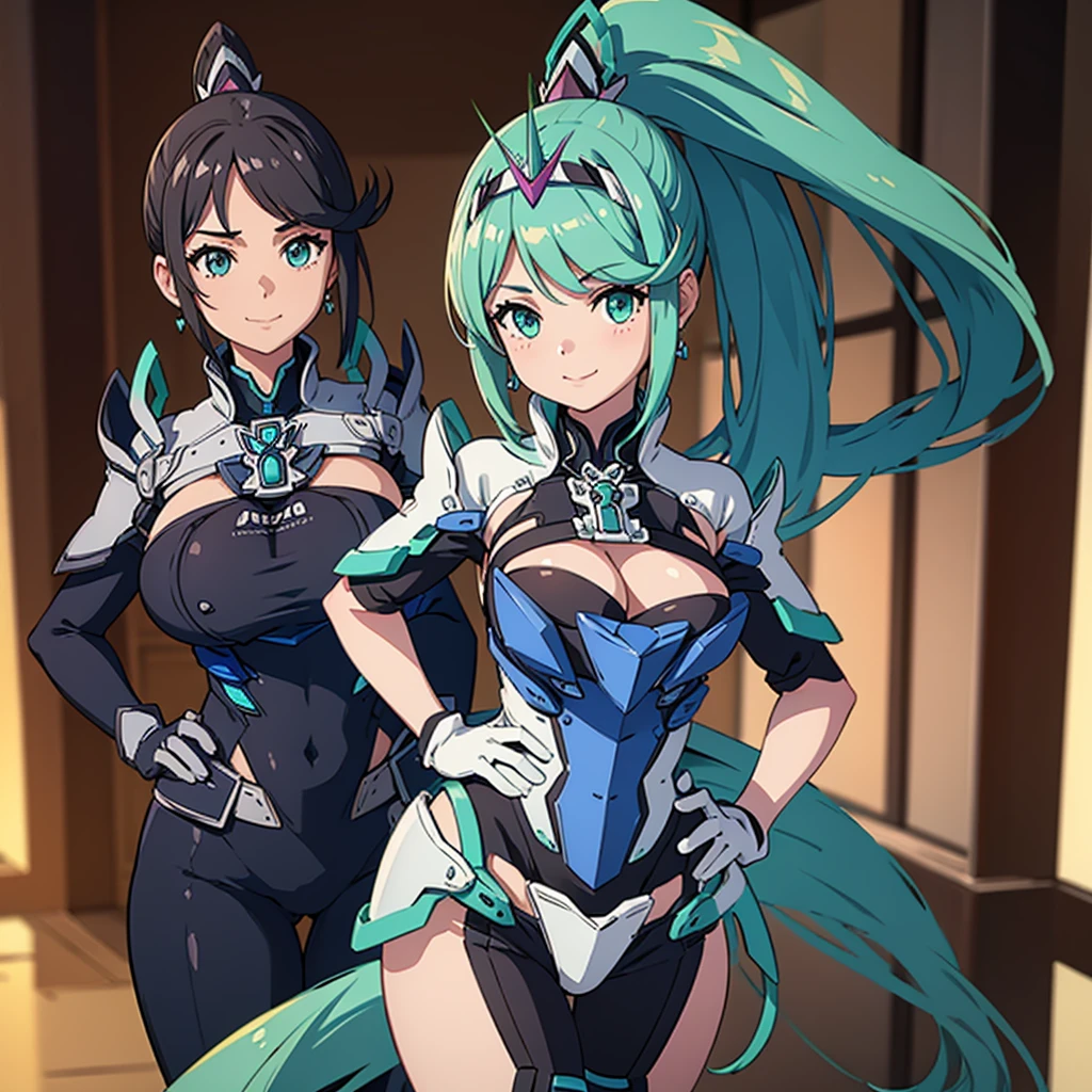 masterpiece, Highest quality, One girl, alone, Pneumadef, ponytail, tiara, Earrings, Chest jewels, armor, gloves, Hands on hips, View your viewers, smile