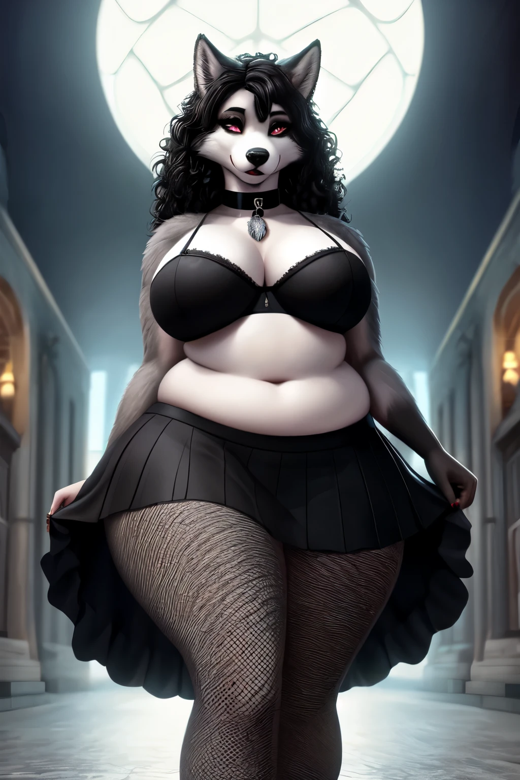 1girl, anthro furry wolf, plus size, wide thighs, full body, black curly hair, high resolution, photorealistic, cute looking, detailed realism, detailed grey fur, 4k, soft, big butt, big breasts, choker, black skirt, black bra, hand socks, large hole fishnet tights stockings, goth,