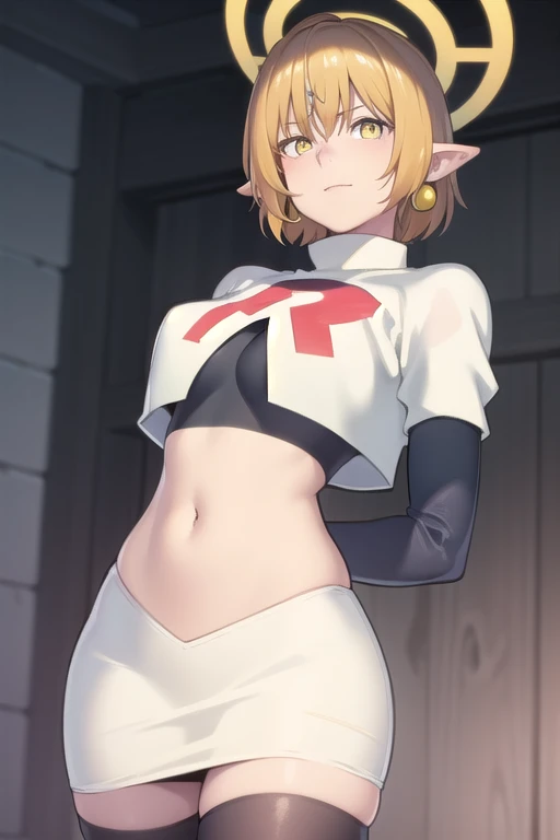 (Masterpiece), (realistic skin texture), extremely detailed, best quality, woman, short hair, blonde hair, yellow eyes, long twintails, pointy ears, halo, gold and purple earrings, team rocket,team rocket uniform,white skirt,red letter R,crop top,black thigh-highs,black elbow gloves