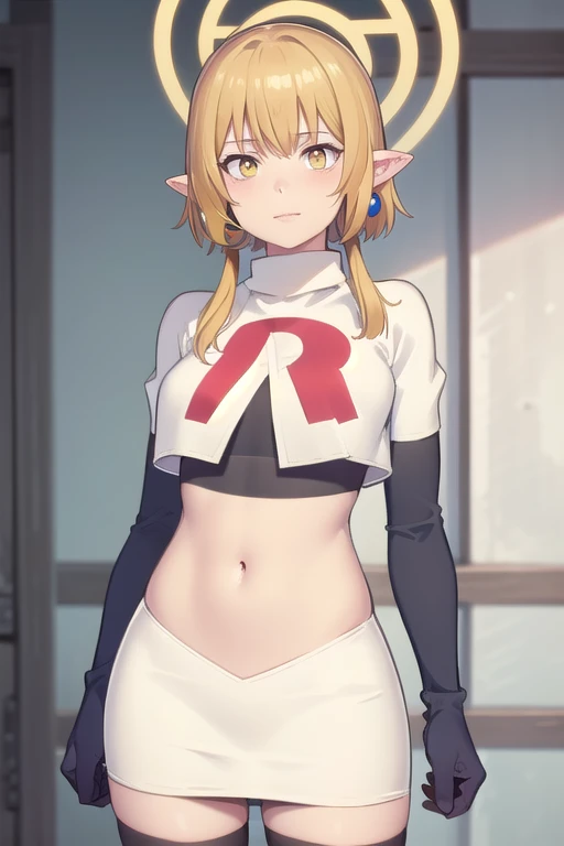 (Masterpiece), (realistic skin texture), extremely detailed, best quality, woman, short hair, blonde hair, yellow eyes, long twintails, pointy ears, halo, gold and purple earrings, team rocket,team rocket uniform,white skirt,red letter R,crop top,black thigh-highs,black elbow gloves